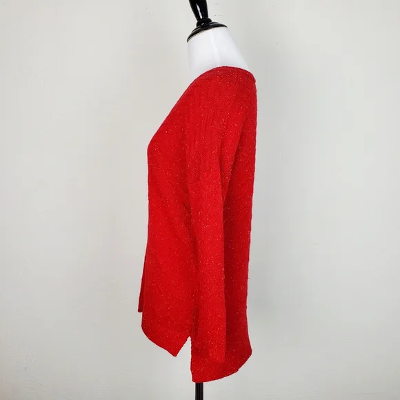 Lucky Brand Sweater Zig Zag Confetti Red Boho Speckled Spring Fall Quirky - Picture 6 of 10